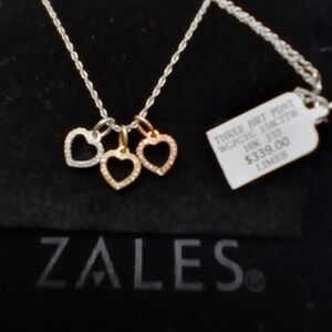 Zales 1/10 Carat Tri-Color Pavé Heart Trio Necklace - Silver, Gold & Rose Gold